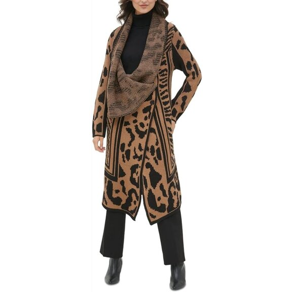 Calvin Klein Oversized Coatigan 0X Animal Print Cowl Asymmetrical Long Boho NWOT - Picture 1 of 14
